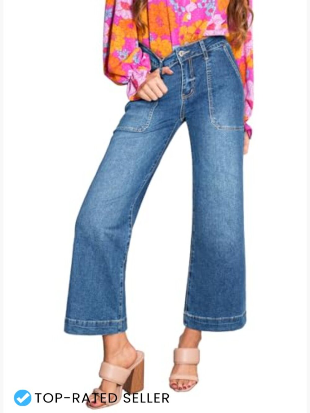 Stretchy Wide Leg High Waisted Jeans Tummy Control Cropped Ankle Denim Pants - Picture 2 of 7